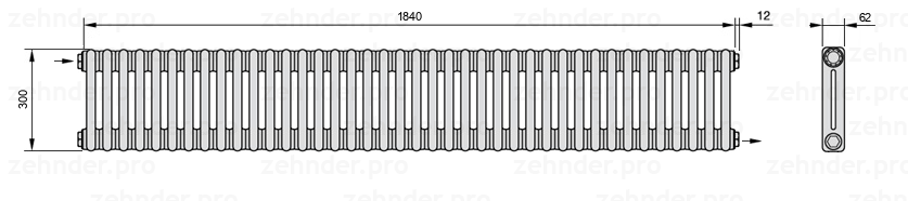 Схема (чертеж) Радиатор Zehnder Charleston 2030/40 №1670 Белый глянцевый RAL 9016